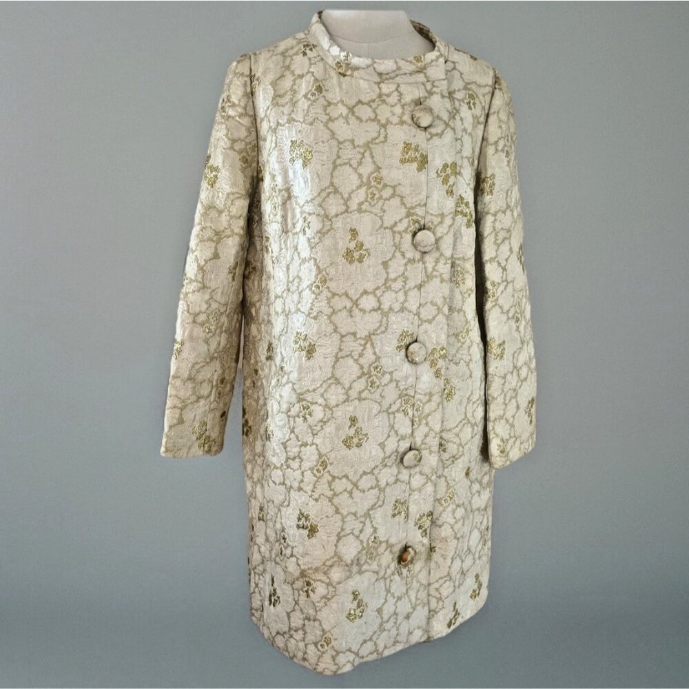 VTG 1960s Luxury Metallic Gold Cream Brocade Jackie O Duster Jacket Size M FLAWS